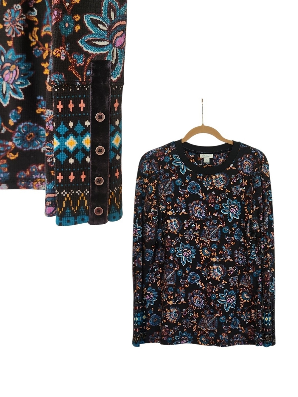 Sundance Loretta Floral Waffle Knit Thermal Top Velvet Cuff Boho Long Sleeve XL
